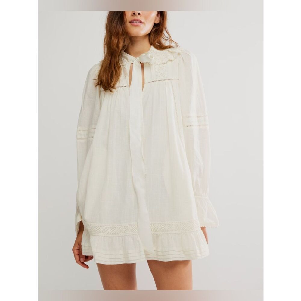 Free People Cream Long Sleeve Lace-Trim Dress - Picture 2 of 13